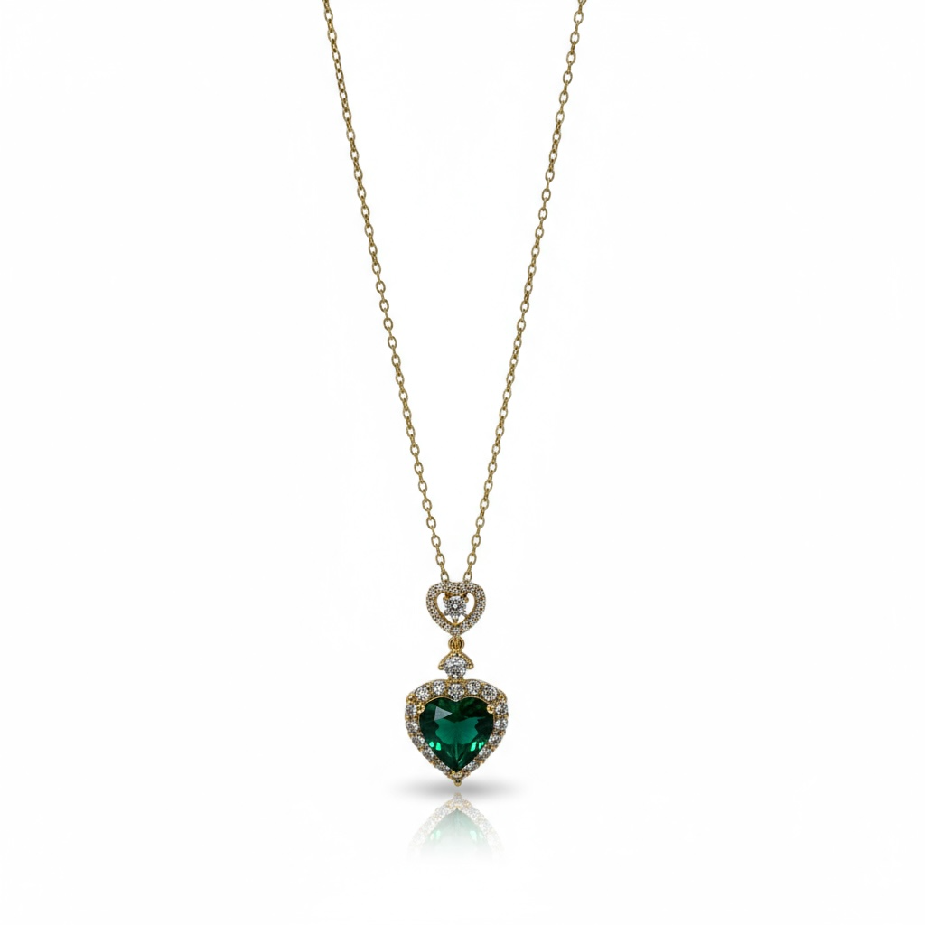 Gold Heart Necklace with Emerald Green Stone