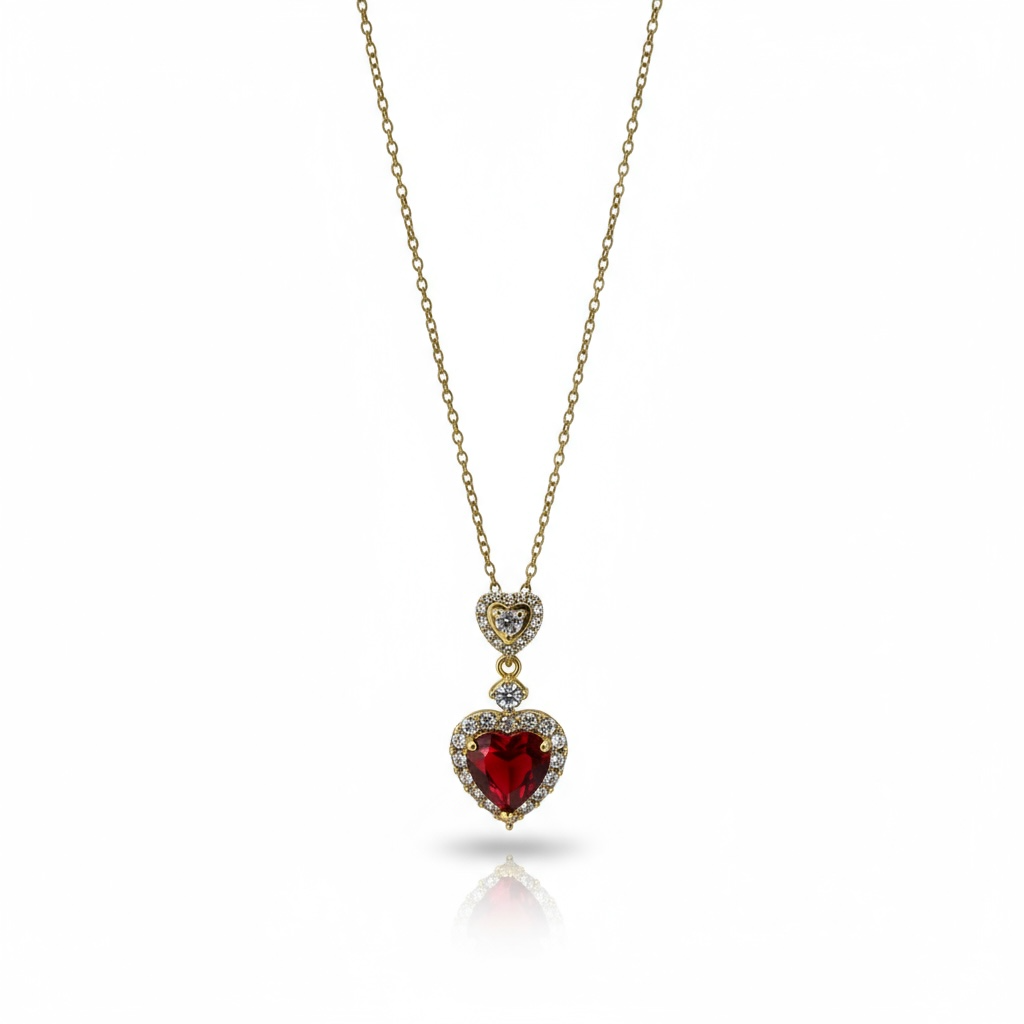Gold Heart Necklace with Red Crystal Pendant