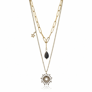 Layered Gold Necklace – Sun, Star & Black Teardrop