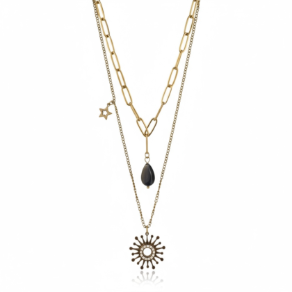 Layered Gold Necklace – Sun, Star & Black Teardrop