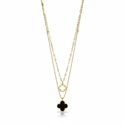 Double-Layered Black Onyx & Gold Clover Necklace